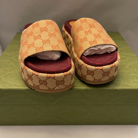 Gucci Shoes - GUCCI Canvas GG Monogram Angelina Platform Slide Sandals